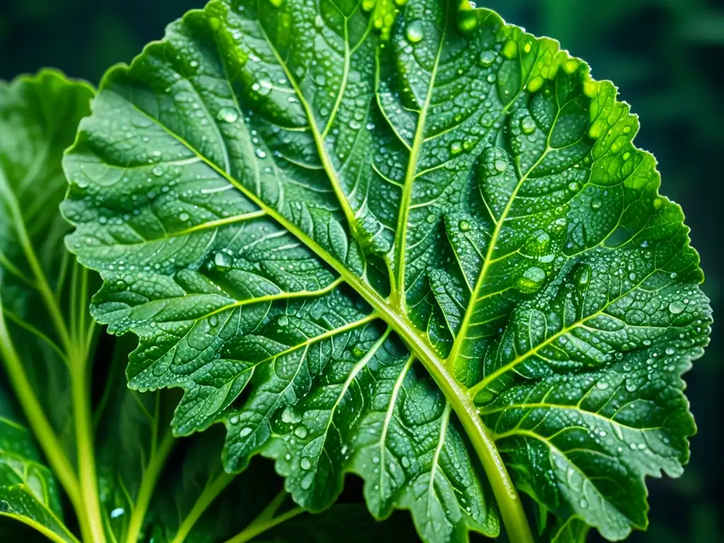 Una hoja verde vibrante con gotas de agua