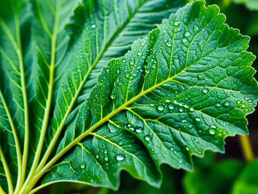 Una hoja verde vibrante con gotas de agua, evocando frescura y vitalidad, ideal para alimentos que optimizan la capacidad pulmonar