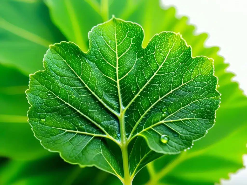Vegetal de hojas verdes con omega-3 en laboratorio Una hoja verde vibrante rica en omega 3 con gotas de rocío, en un entorno de laboratorio