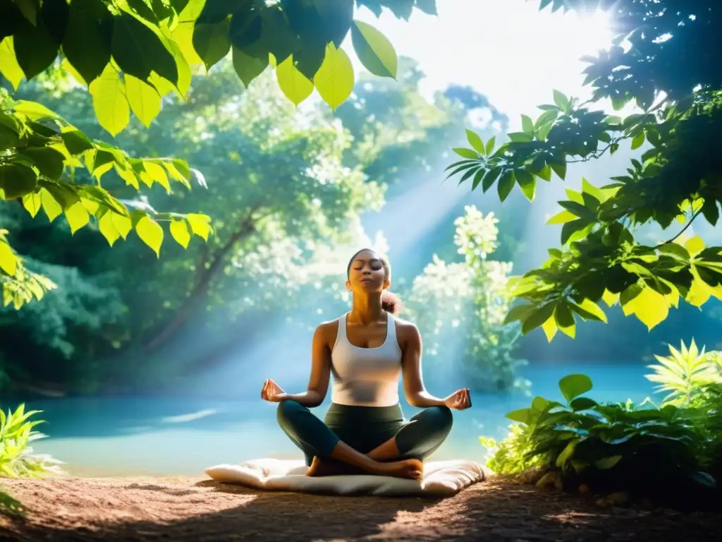 Hombre practicando hábitos de respiración para sarcoidosis pulmonar en un entorno sereno y natural, irradiando calma y tranquilidad