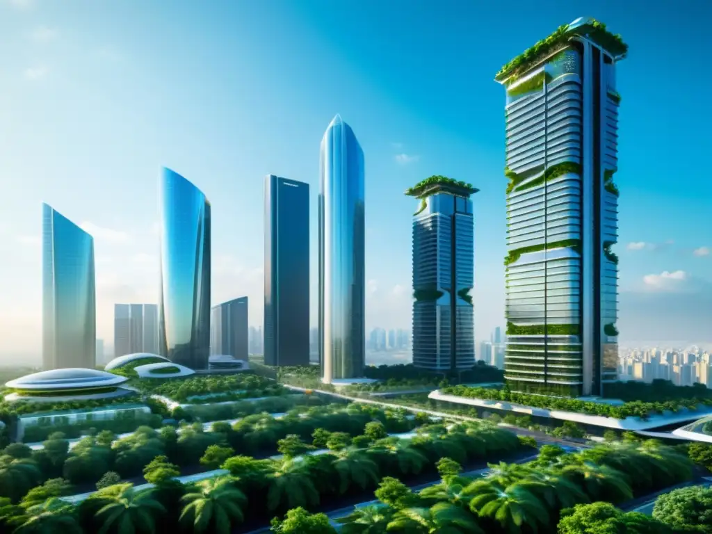Horizonte futurista con rascacielos sustentables y tecnologías emergentes para combatir contaminación del aire
