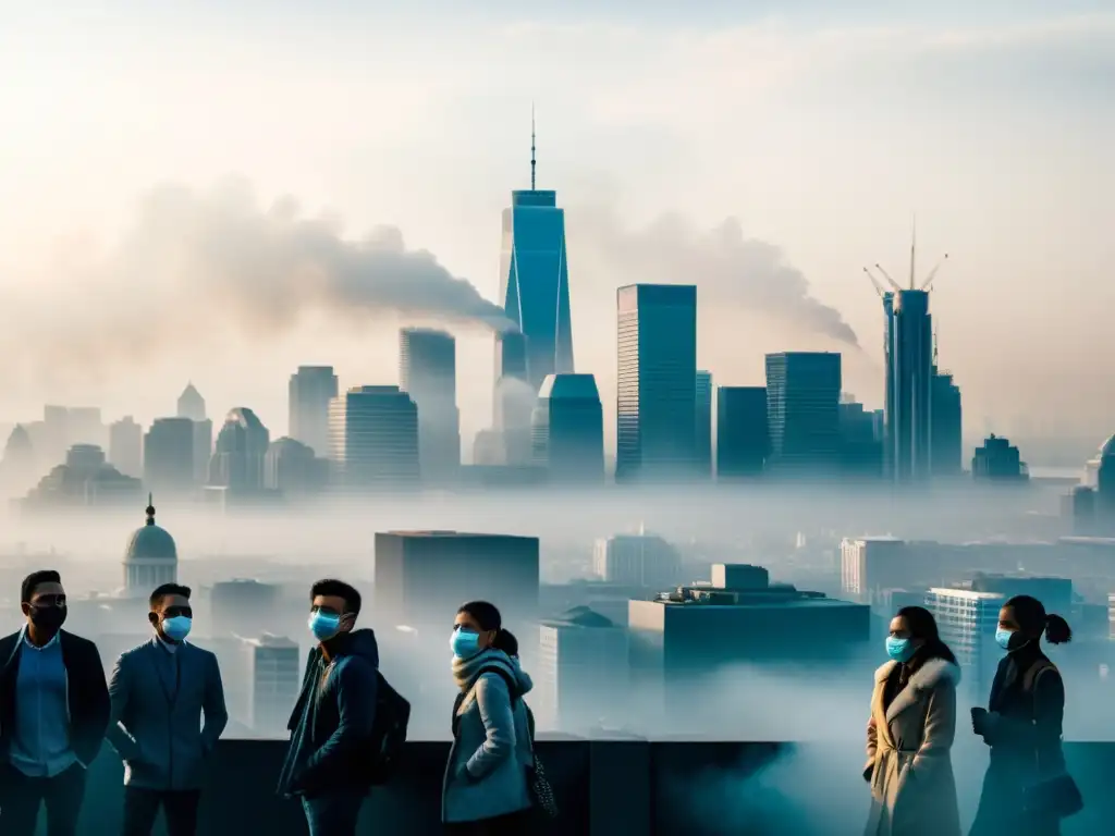 Horizonte urbano cubierto de smog, personas usando mascarillas y tosiendo, destacando el riesgo de patologías respiratorias por polución