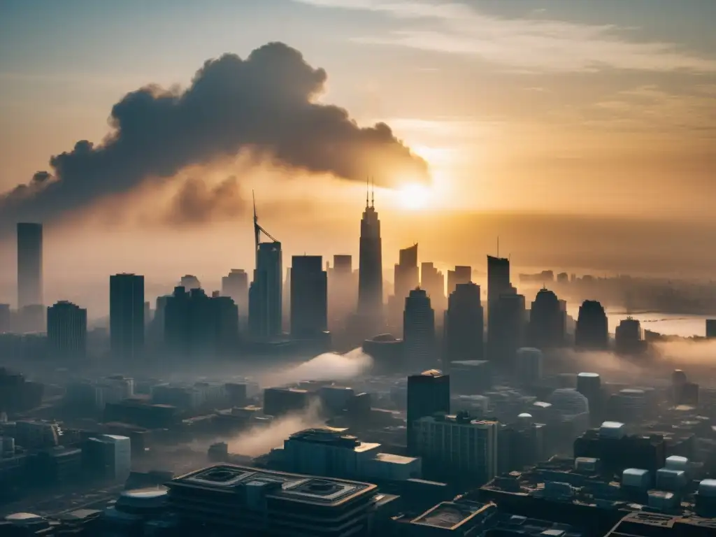 Horizonte urbano envuelto en espesa neblina de smog, con el sol apenas visible a través del aire contaminado