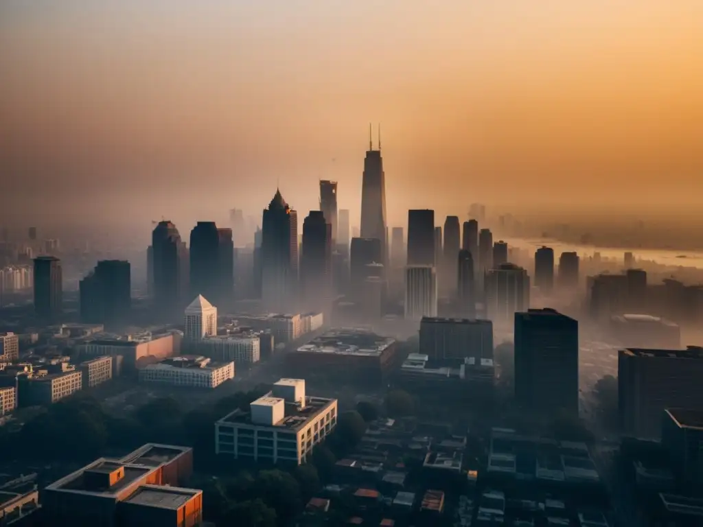 Horizonte urbano envuelto en smog al atardecer, un impactante recordatorio de los riesgos y prevención del ozono en la función pulmonar