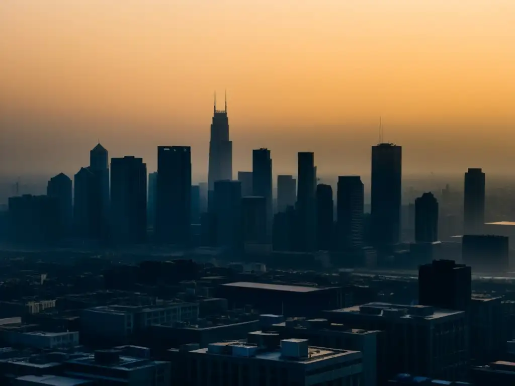 Horizonte urbano envuelto en smog denso, con el sol apenas visible