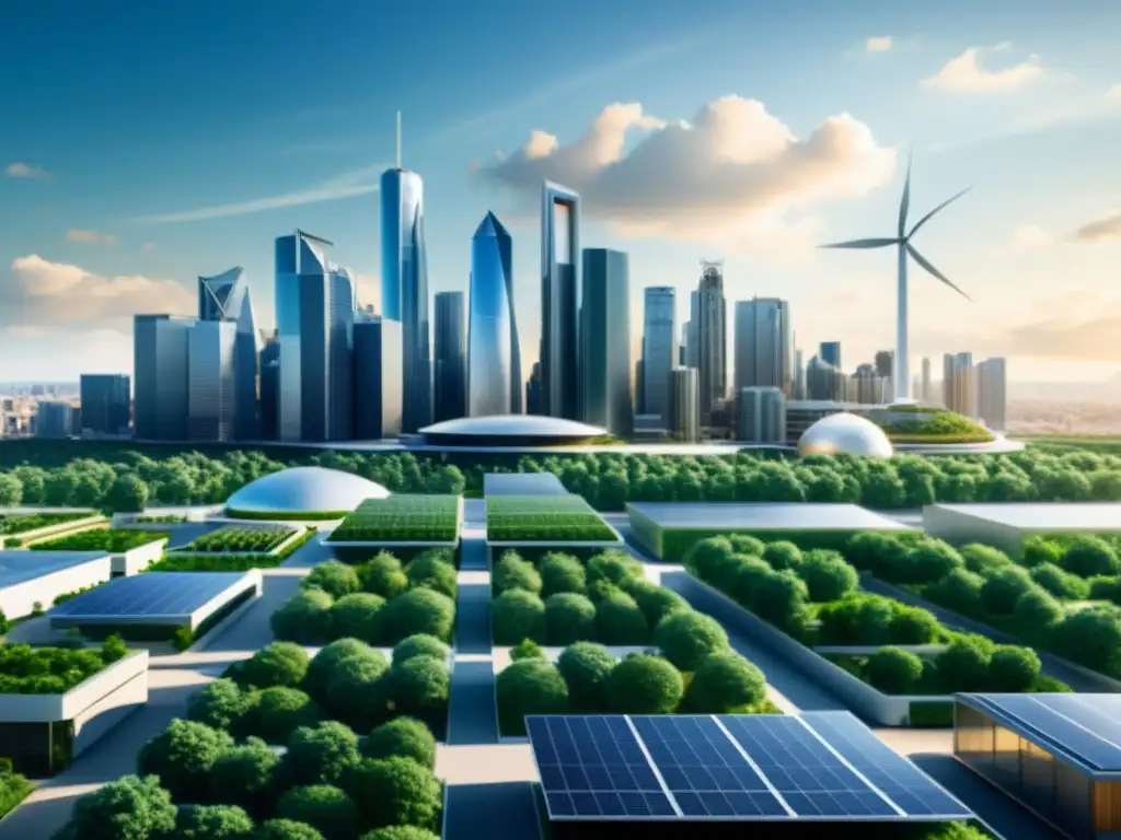 Horizonte urbano moderno con tecnologías emergentes para combatir contaminación del aire, como edificios verdes y energías renovables