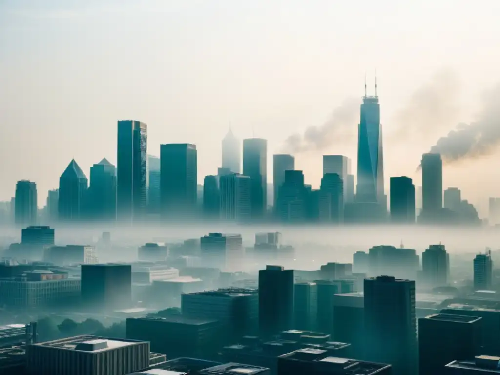 Horizonte urbano con smog, personas usando mascarillas, impacto del cambio climático en infecciones respiratorias