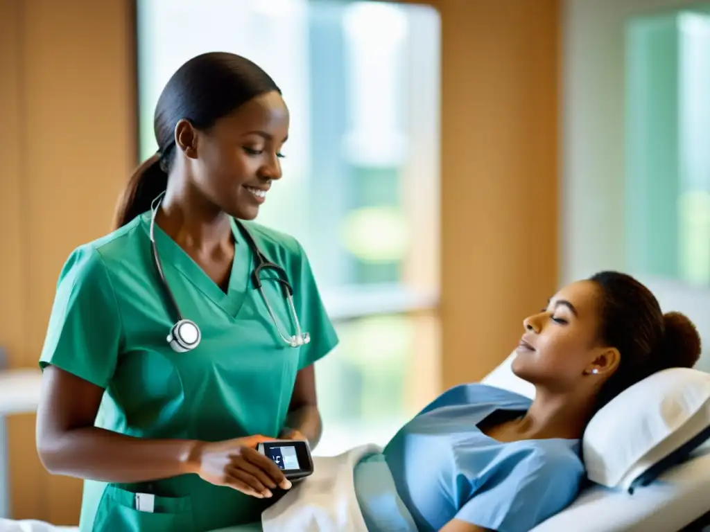 Un hospital moderno con un profesional de la salud usando un dispositivo de monitoreo respiratorio y atendiendo a un paciente