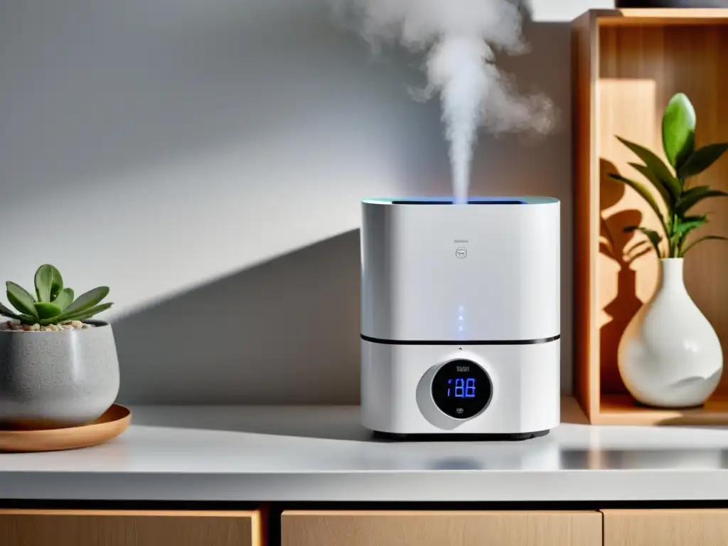 Un humidificador y deshumidificador modernos en un elegante mostrador blanco