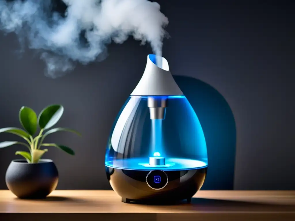 Un humidificador moderno y elegante libera una neblina suave, iluminada por luces LED, creando un ambiente calmante y futurista