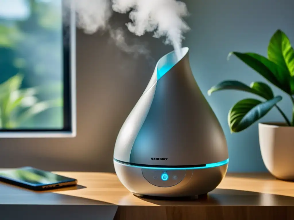 Un humidificador moderno emite una fina neblina en una habitación iluminada, creando una atmósfera de calma y tranquilidad