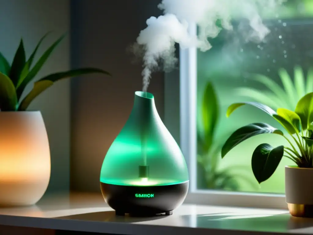 Un humidificador moderno emite una fina neblina en una habitación iluminada, generando una atmósfera tranquila y saludable