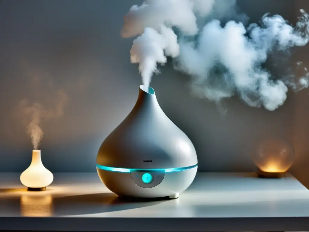 Un humidificador moderno en una mesa blanca, emitiendo un suave vapor, creando un ambiente de serenidad