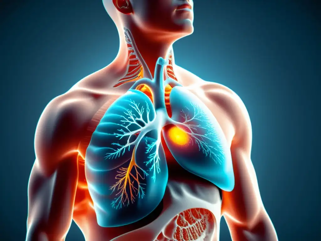 Una ilustración detallada del ejercicio de respiración diafragmática, destacando la expansión del pecho y el movimiento del diafragma