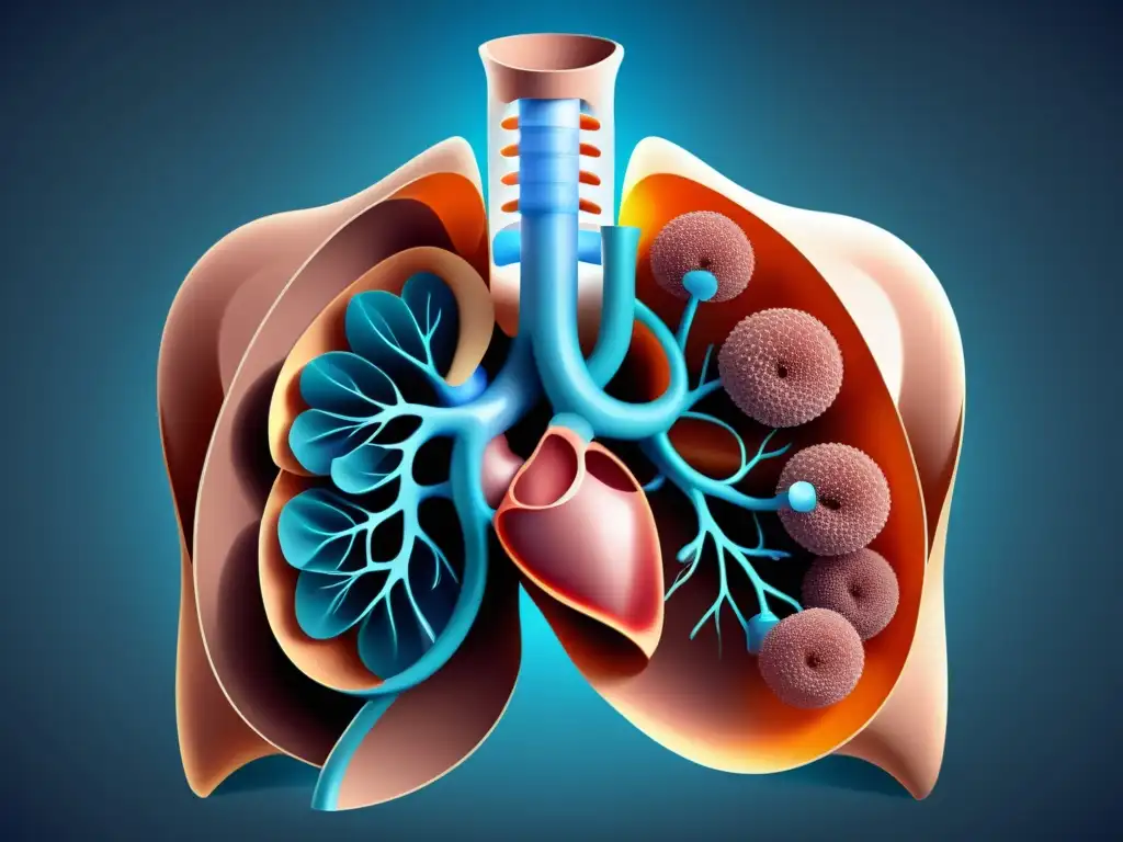 Una ilustración detallada del sistema respiratorio humano con pulmones, diafragma, bronquios y alvéolos