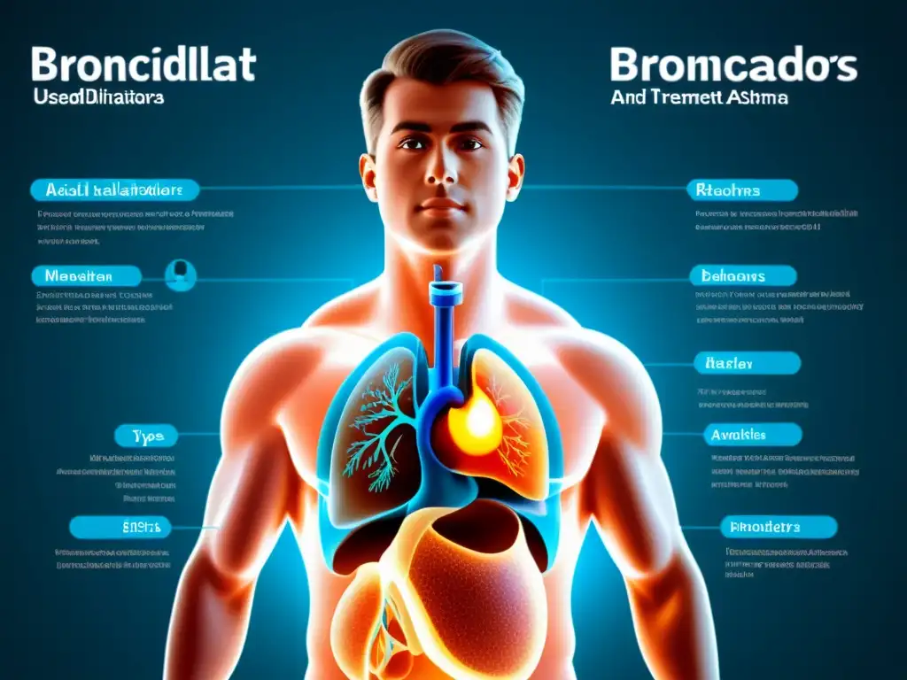 Una ilustración detallada de tipos de broncodilatadores para el asma, con etiquetas y anotaciones