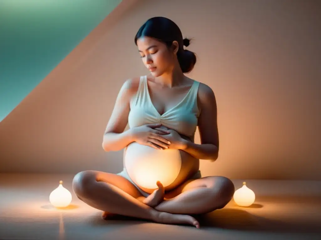 Una ilustración moderna y serena de una mujer embarazada practicando una respiración adecuada, rodeada de una suave luz brillante