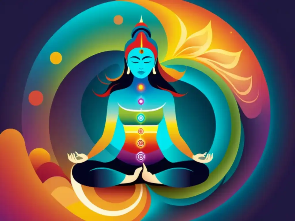 Una ilustración moderna y serena del sushumna con chakras vibrantes, evocando equilibrio y armonía