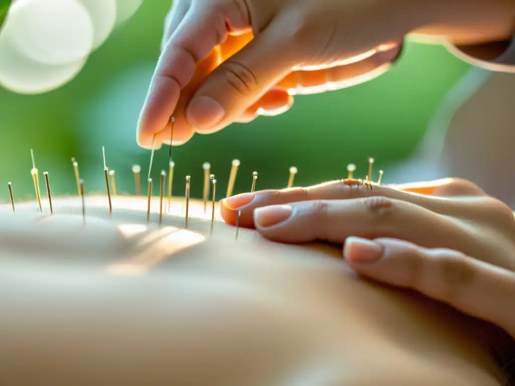 Acupuntura para alergias: detalle sereno Imagen de acupuntura para alergia estacional, con detalle de agujas aplicadas en un ambiente sereno y sanador