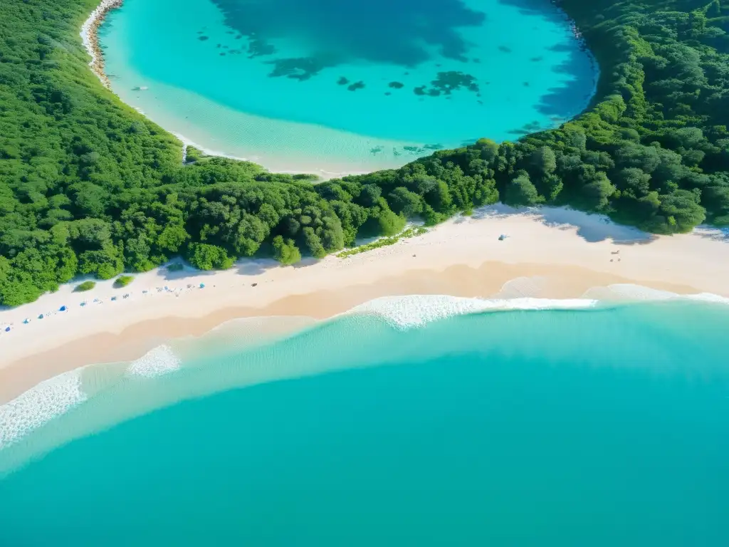 Imagen aérea de una playa prístina con aguas turquesas, rodeada de vegetación exuberante y bañada por el cálido sol