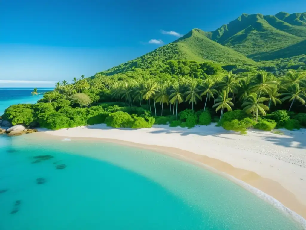 Imagen de alta calidad del aire en balnearios: playa prístina con aguas turquesas, arena blanca y palmeras verdes bajo cielo azul