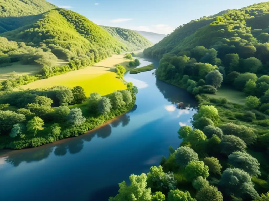 Imagen en alta resolución de un paisaje sereno con un río sinuoso, vegetación exuberante y un cielo azul claro