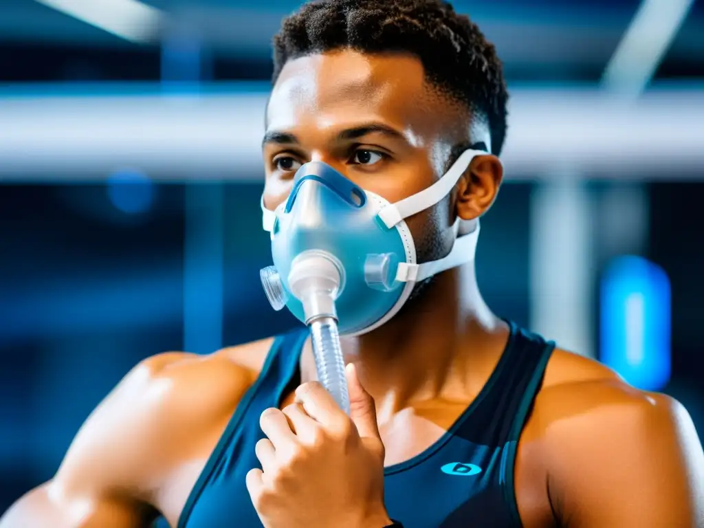 Imagen de atleta profesional realizando prueba de espirometría con máscara, en laboratorio de ciencias del deporte