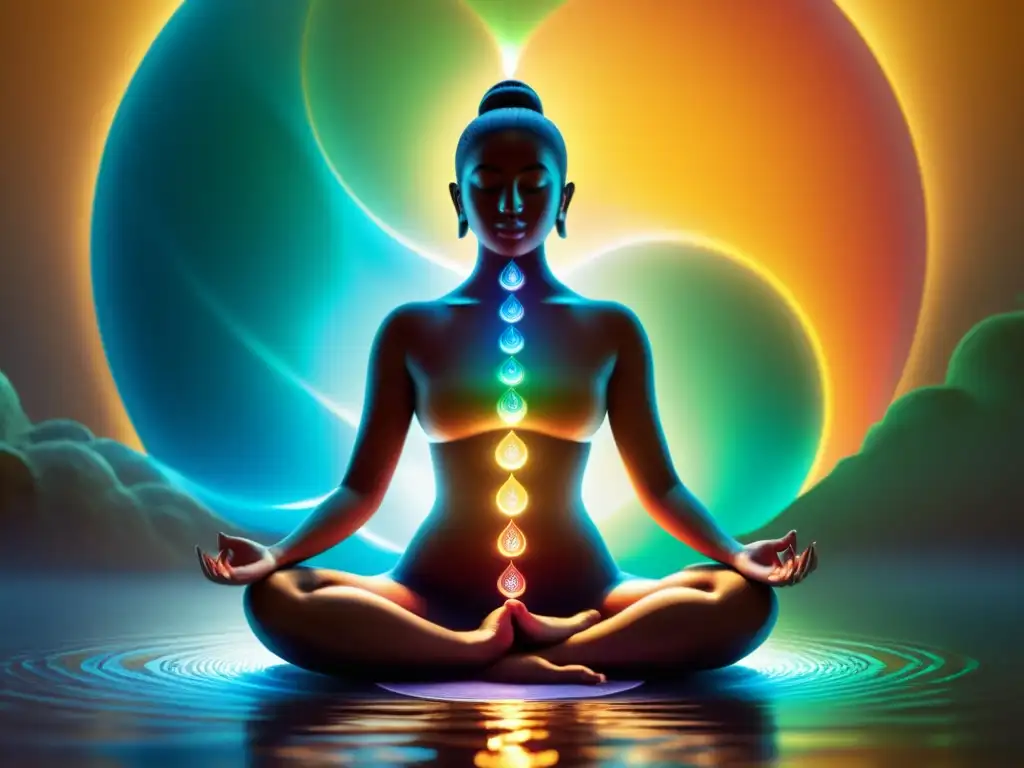 Imagen de meditación con chakras iluminados y postura perfecta