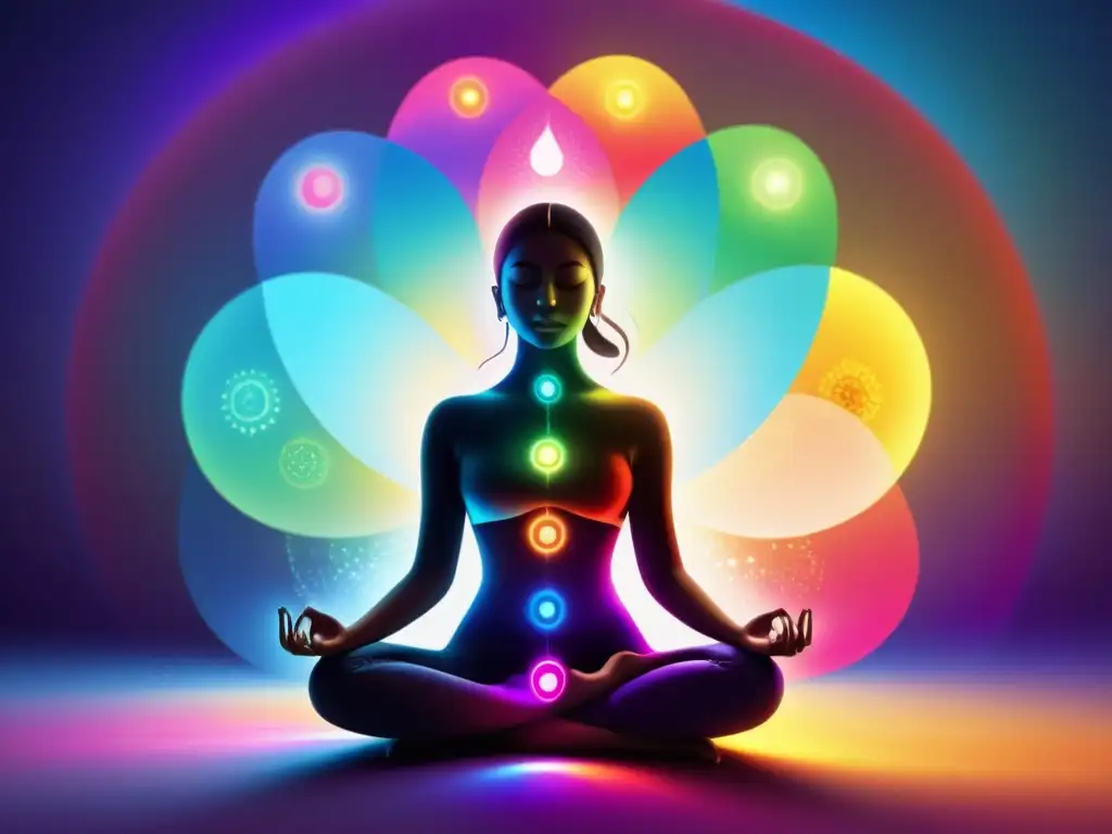 Imagen de meditación con chakras vibrantes y equilibrio energético a través de la respiración