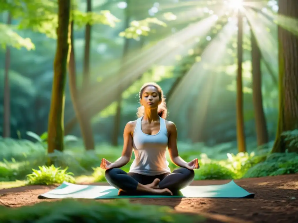 Imagen de un claro en el bosque con una persona en postura de yoga practicando respiración para reducir agitación mental