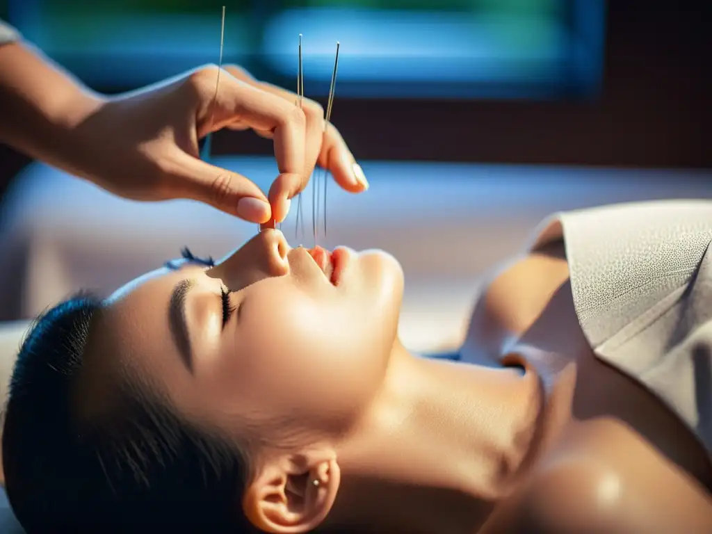 Acupuntura moderna: detalle sereno y sanador Imagen detallada de acupuntura moderna, con agujas en puntos de meridianos del cuerpo, transmitiendo calma y sanación en la sala de tratamiento