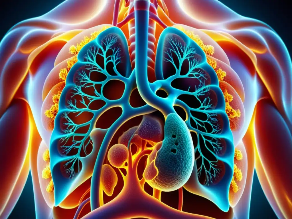 Imagen detallada de los bronquios inflamados con mucosidad, reflejando la bronquitis crónica