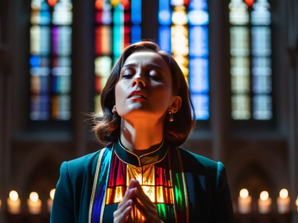 Chant gregoriano: Serenidad espiritual y respiración consciente Imagen detallada de cantante en catedral, respirando antes de cantar canto gregoriano, destacando beneficios de la respiración consciente