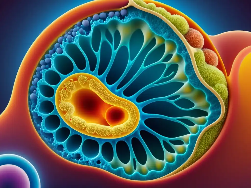 Imagen 8k detallada de una célula en proceso vital de respiración celular, destacando las etapas de la respiración y la estructura de la mitocondria