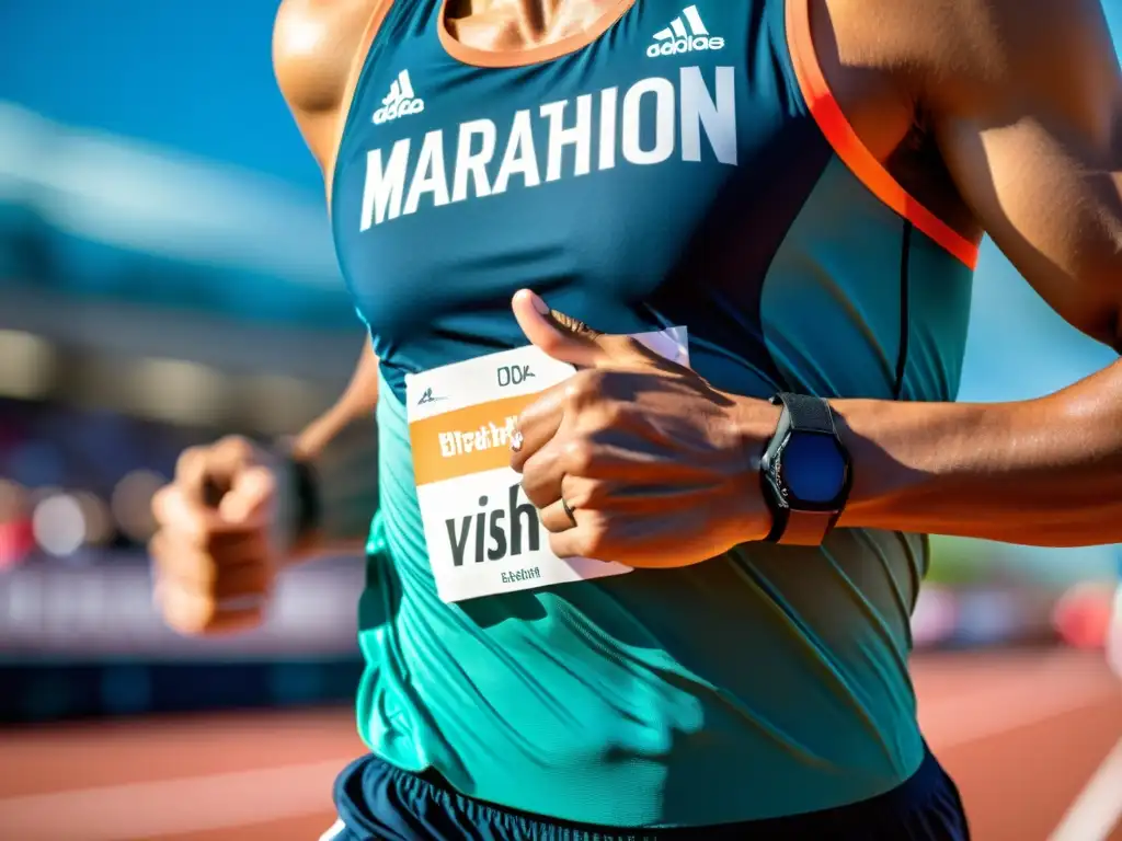 Anatomía del diafragma: Corredor en plena respiración profunda Imagen detallada de un corredor de maratón en plena zancada, destacando la respiración diafragmática