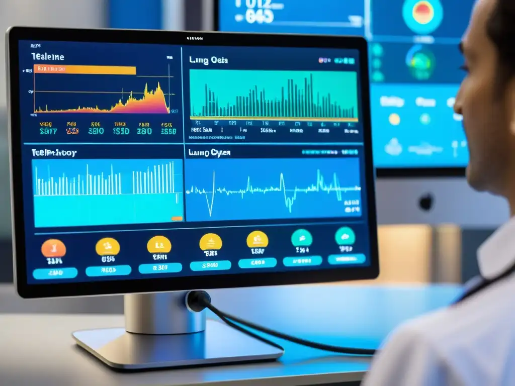 Imagen detallada de dispositivo de telemedicina mostrando datos en tiempo real de función pulmonar, con gráficos detallados