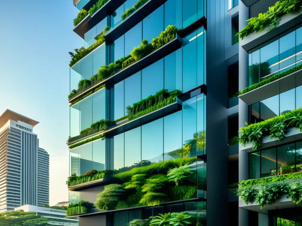 Imagen en 8k detallada de un edificio moderno con innovadores sistemas de ventilación y vegetación integrada