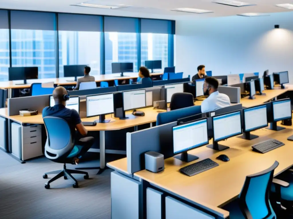 Imagen detallada de un espacio de trabajo de un centro de llamadas con actividades ergonómicas y trabajadores practicando ejercicios de respiración