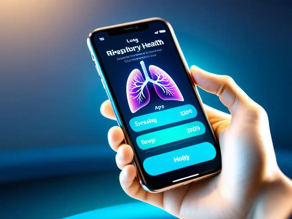 Una imagen detallada y futurista de una aplicación de salud respiratoria en la pantalla de un smartphone