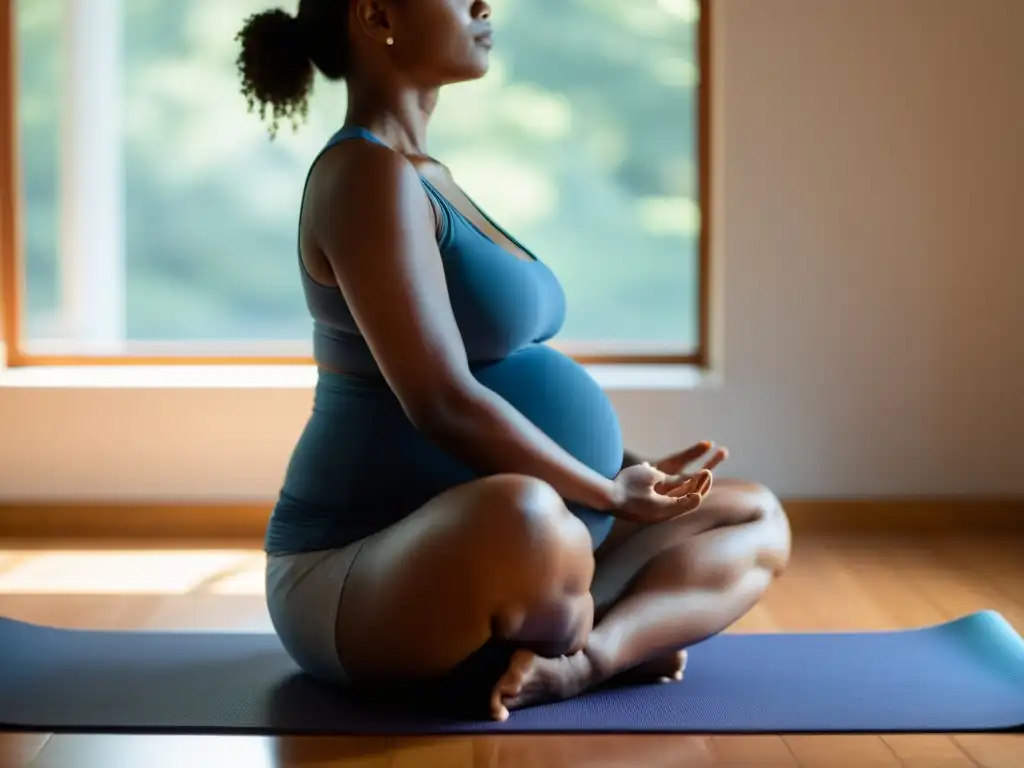 Imagen detallada de una madre serena practicando yoga, preparación online para parto