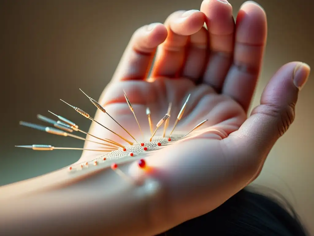 Una imagen detallada de una mano con agujas de acupuntura en puntos estratégicos para oxigenación