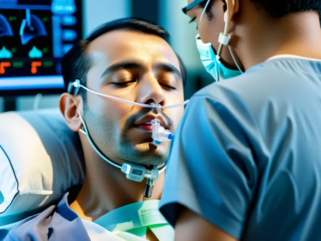 Imagen detallada de paciente con EPOC recibiendo ventilación mecánica no invasiva, mostrando la red de tubos y monitores médicos en uso