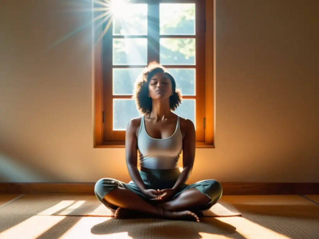 Una imagen detallada de una persona meditando en un ambiente tranquilo y soleado, con los ojos cerrados y una expresión serena