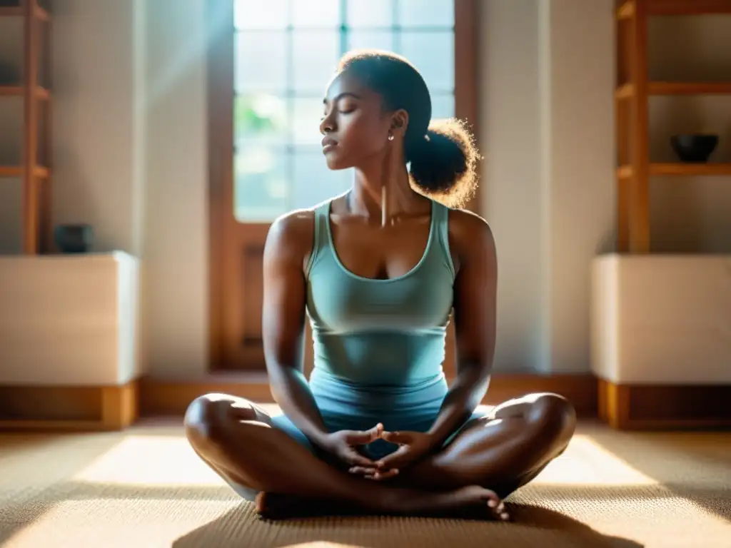 Una imagen detallada de una persona en meditación, equilibrio energético a través de la respiración, en una habitación serena y soleada