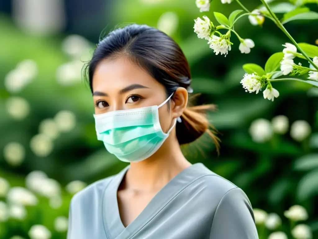 Una imagen detallada de una persona con mascarilla protectora, con determinación en los ojos y flores de fondo, simbolizando la conexión entre la salud respiratoria, cambios climáticos y alergias