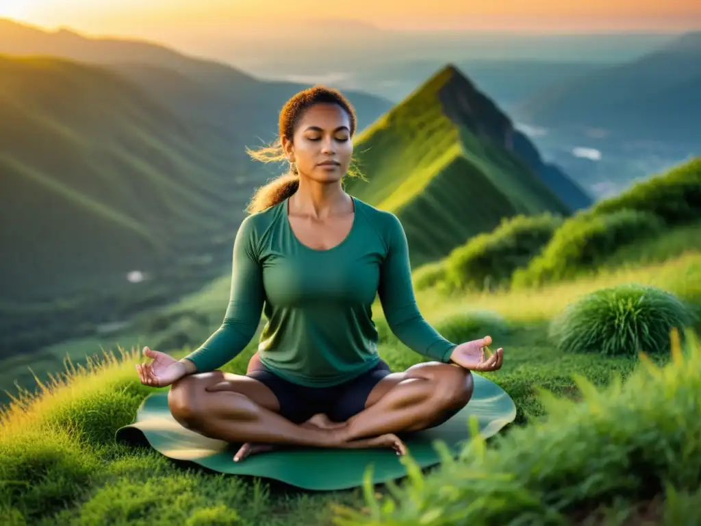 Imagen detallada de un practicante de yoga en la cima de una montaña verde, mostrando tranquilidad y técnicas de respiración para yoga