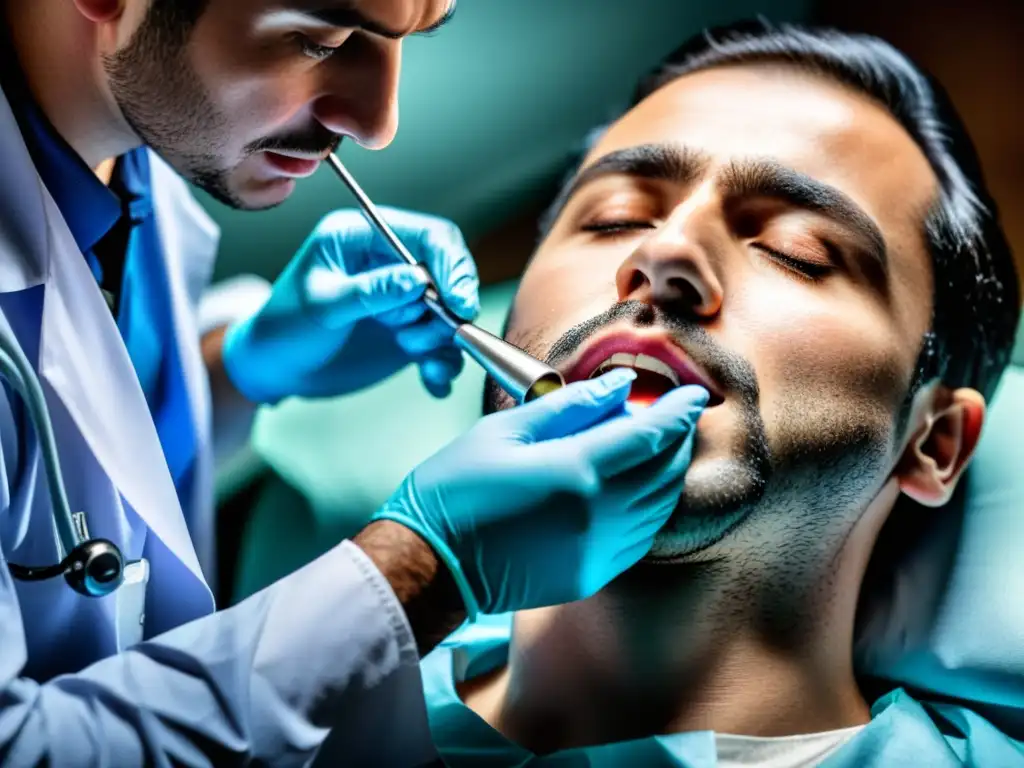Procedimiento de manejo de vía aérea: detalle médico Imagen detallada de un profesional médico realizando manejo vía aérea difícil técnicas con concentración y equipo médico detallado