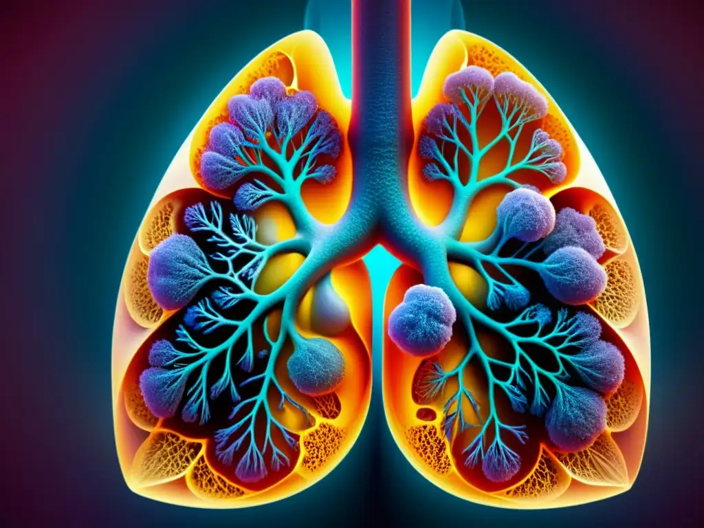 Imagen detallada de pulmones humanos saludables, con una red de bronquios y alvéolos, resaltando la vitalidad del sistema respiratorio