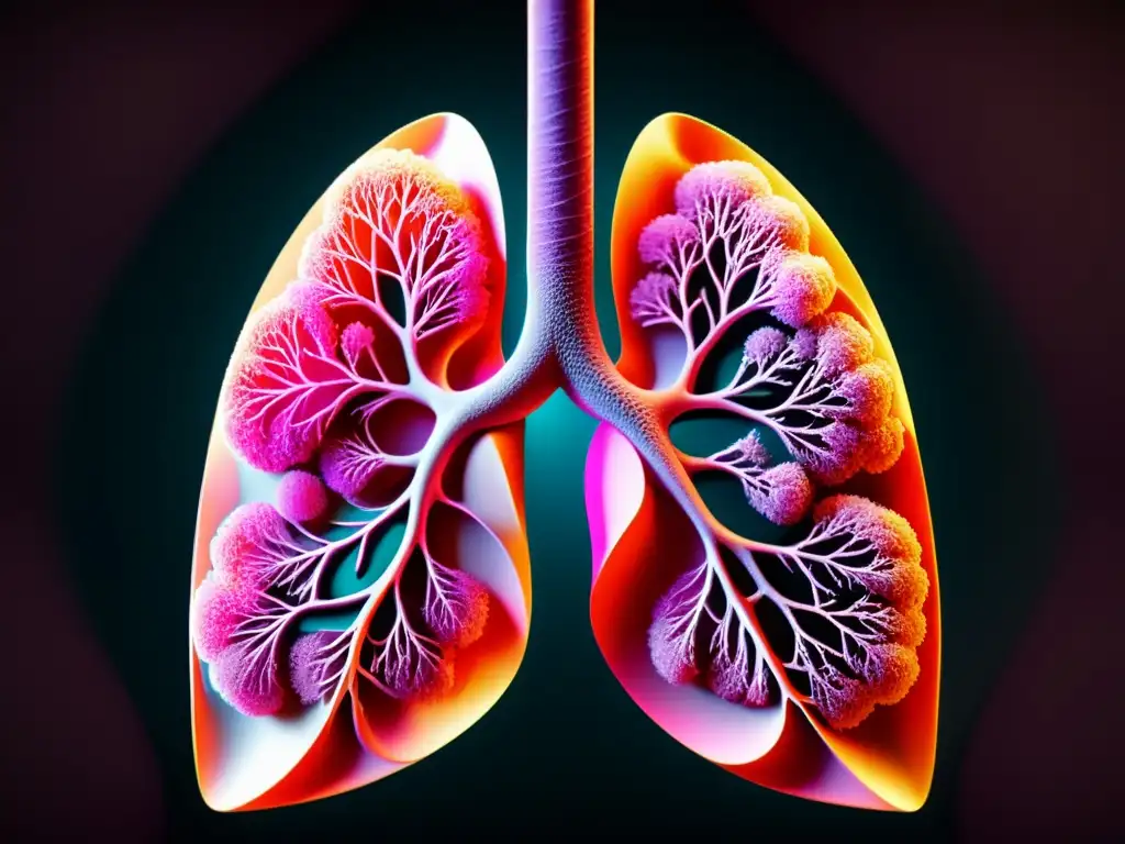 Imagen detallada de pulmones saludables en vibrantes colores, con bronquios y alveolos