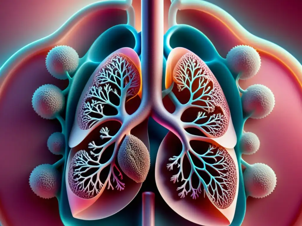 Imagen detallada de pulmones sanos y bronquios, expertos en respiración y salud pulmonar, intercambiando oxígeno y dióxido de carbono